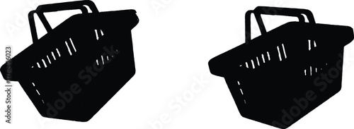 The image features two identical black shopping baskets, both equipped with handles, positioned centrally against a clean white victor