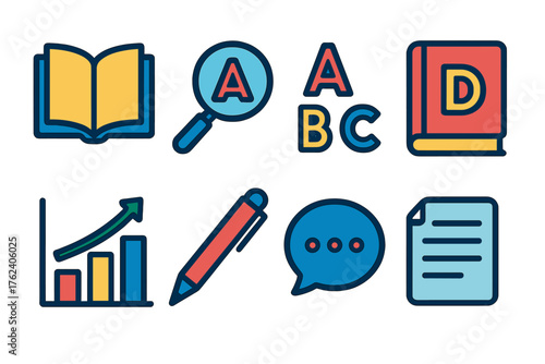 Linguistic Analysis flat icons: book, magnifying glass, alphabet, dictionary, chart, pen, speech bubble, document.