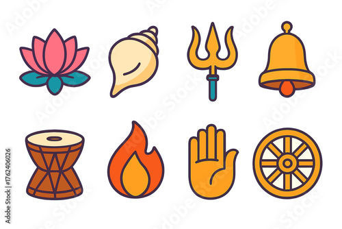 Hindu Deities flat icons: lotus, conch shell, trident, bell, drum, flame, hand, wheel.
