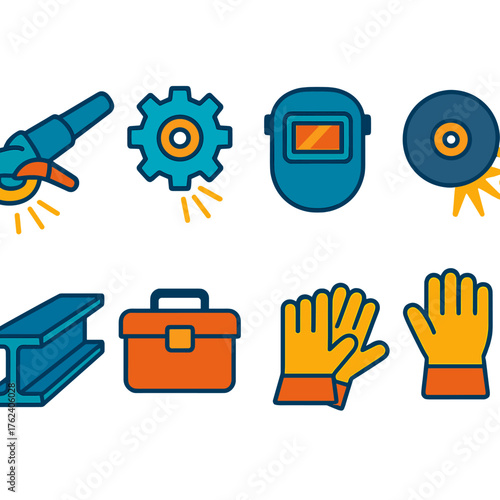 Metal Grinding flat icons: angle grinder, sparks, gear, welding mask, grinding wheel, steel beam, toolbox, protective gloves.