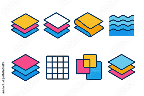 Layering flat isometric set: stacked rectangles, paper sheets, folded fabric, wave pattern, tile layers, grid lines, color blocks, overlap.