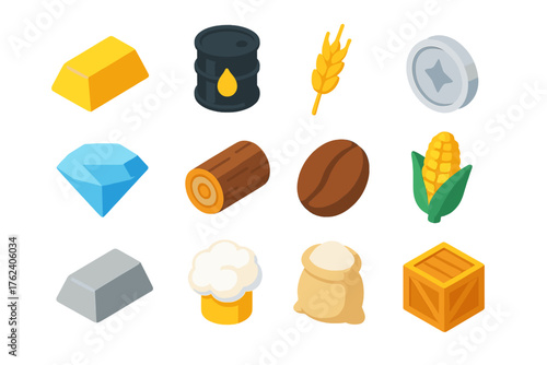 Commodities flat isometric set: gold bar, oil barrel, wheat stalk, silver coin, diamond, wood log, coffee bean, corn cob, iron ingot, cotton bale, rice sack, crate box.
