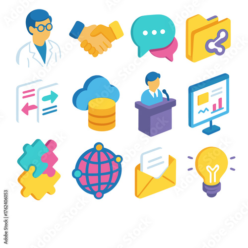 Scientific Collaboration Network flat isometric set: researcher avatar, handshake, chat bubble, shared folder, document exchange, cloud database, conference podium, digital