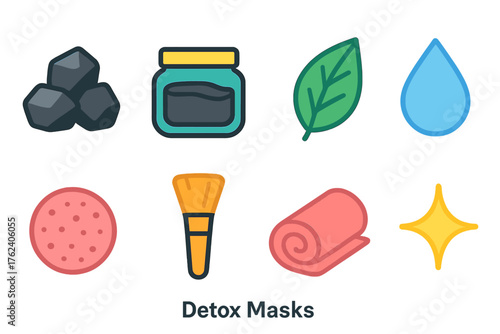 Detox Masks flat icons: charcoal, jar, leaf, droplet, sponge, brush, towel, spark.