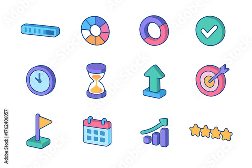 Progress Feedback flat isometric set: loading bar, spinning wheel, progress circle, check mark, clock icon, hourglass, upward arrow, target icon, milestone flag, calendar, growth
