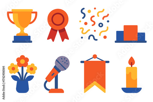 Ceremony flat icons: trophy, ribbon, confetti, stage, flowers, microphone, banner, candle.