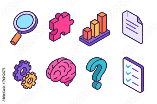 Analytical Thinking flat isometric set: magnifying glass, puzzle piece, bar chart, document, gears, brain, question mark, checklist.