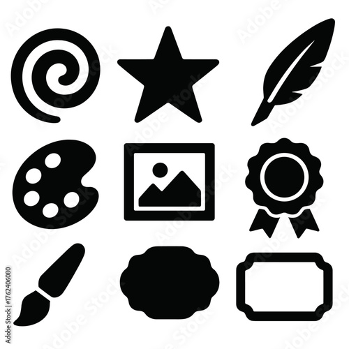 Creative Name Tag silhouette set: abstract swirl, star symbol, paintbrush, quill pen, palette, gallery frame, ribbon seal, custom label.