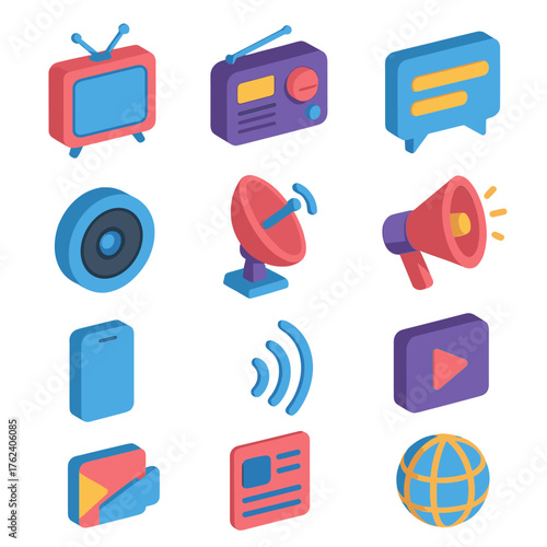 Channels flat isometric set: TV icon, radio, podcast mic, chat window, camera lens, satellite dish, megaphone, video play, smartphone, signal waves, news feed, globe.