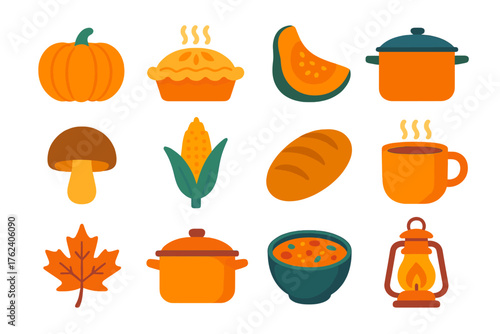 Autumn Harvest Set flat icons: pumpkin, apple pie, roasted squash, soup pot, mushroom, corn stalk, baked bread, cozy mug, maple leaf, casserole dish, stew bowl, lantern.