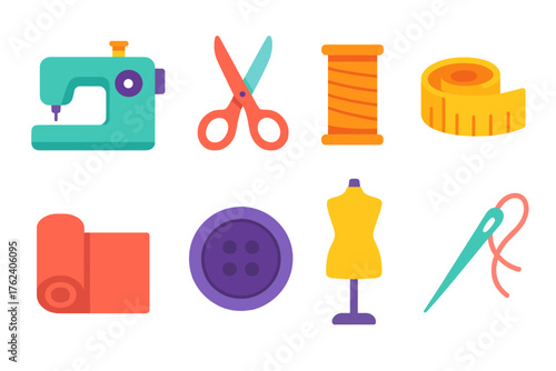 Tailoring flat icons: sewing machine, scissors, spool, measuring tape, fabric roll, button, mannequin, needle.