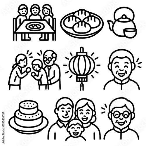 Lunar New Year Spirit Family Reunion outline icon set: dining table, dumpling plate, tea pot, laughter lines, children greeting elders, glowing lantern, rice cake, joyful smiles.
