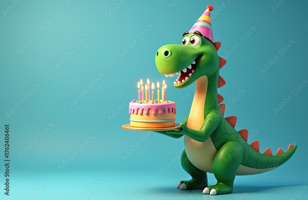 Fototapeta premium Green cartoon dinosaur wearing party hat carries birthday cake with lit candles. Festive dino celebrates happy event, joyful occasion with sweet treat. Fun character for children parties.