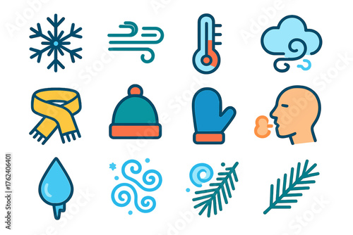 Wind Chill flat icons: snowflake, blowing wind, cold air lines, thermometer dip, scarf wrap, hat, glove, frosty cloud, breath mist, frozen droplet, icy swirl, pine branch.