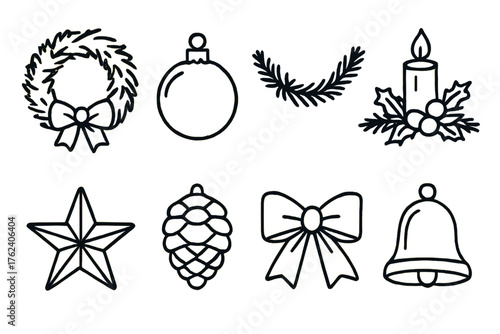 Holiday Decorations Classic Style outline icon set: wreath with ribbon, glass bauble, garland strand, candle centerpiece, gold star, pinecone, red bow, bell ornament.