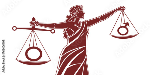 Allegorical illustration of a female figure holding scales balancing male and female gender symbols, representing gender equality.