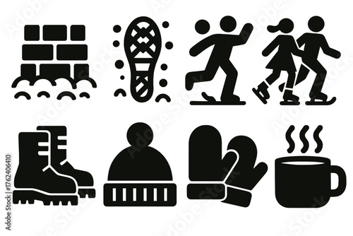 Chilly Outdoor Fun silhouette set: snow fort, snowshoe trail, snowball toss, skating pair, boots, wool hat, mittens, cocoa cup.
