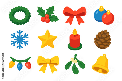 Festive Wreaths flat isometric set: pine wreath, holly branch, ribbon, ornament balls, snowflake, star, candle, pinecone, lights, gold bow, mistletoe, bell.