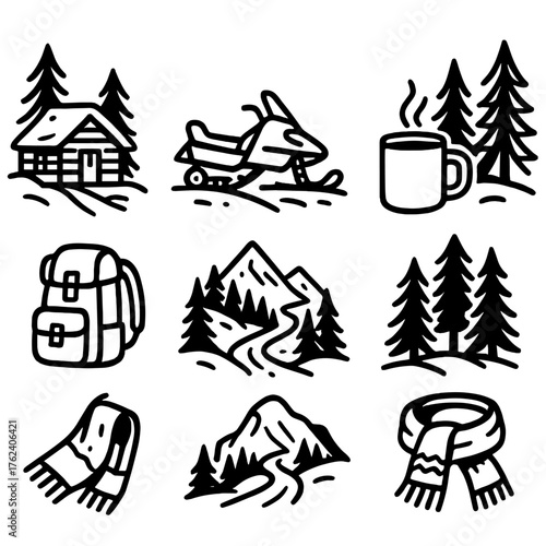 Winter Adventure Mountain Escape outline icon set: cabin in woods, snowmobile, forest trail, steaming mug, pine trees, backpack, snowy ridge, cozy scarf.