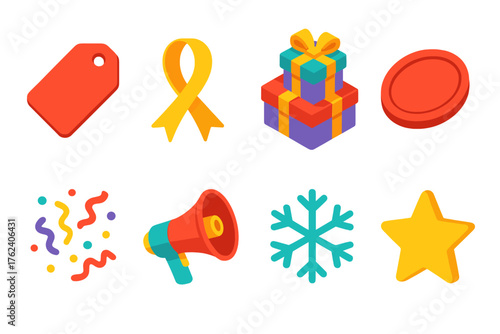 Seasonal Promotions — bright flat icons flat isometric set: red tag, golden ribbon, gift pile, sale label, confetti, megaphone, snowflake, star icon.