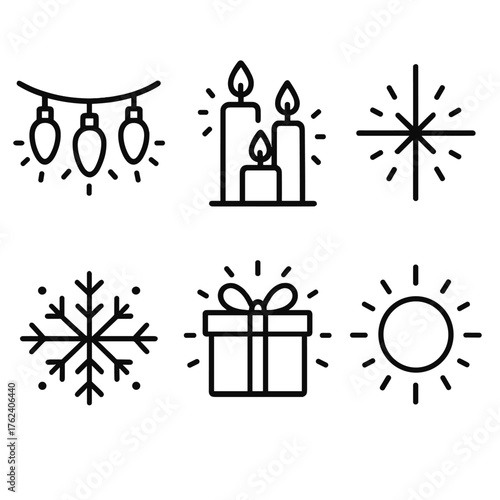 Festive Glow outline icon set: twinkling lights, candle trio, starburst, snowflake, gift box, gentle glow.