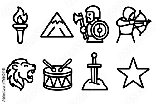 Warrior outline icon set: torch flame, mountain peak, axe and shield, archer, roaring lion, drum, sword in stone, star.