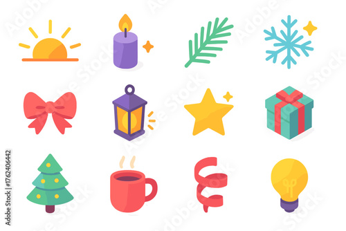 Holiday Inspiration flat isometric set: sunrise beam, candlelight, pine branch, snowflake sparkle, festive bow, lantern glow, star symbol, wrapped gift, glowing tree, warm mug,
