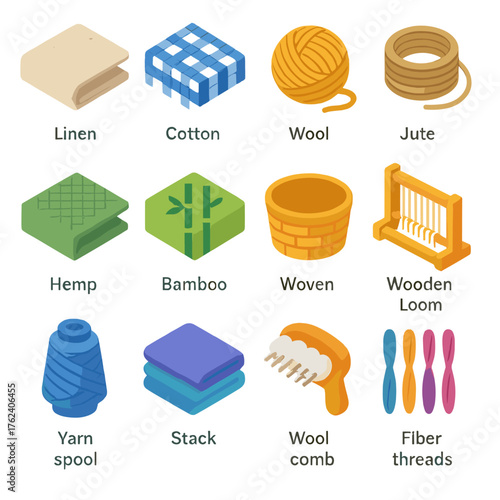 Winter Textiles – Natural Fibers flat isometric set: linen fabric, cotton weave, wool yarn, jute twine, hemp cloth, bamboo textile, woven basket, wooden loom, yarn spool, folded