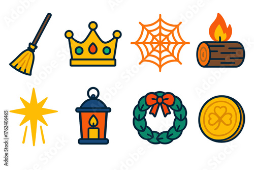 Christmas Legends — Global traditions flat icons: la befana broom, three kings crown, christmas spider web, yule log, luz de belén, festive lantern, winter wreath, lucky coin.