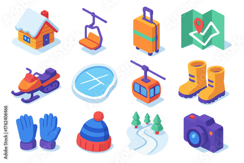 Snowy Escapes Travel — Bright Flat Icons flat isometric set: mountain cabin, ski lift, suitcase, map, snowmobile, frozen lake, cable car, boots, gloves, winter hat, scenic trail,