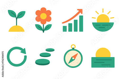 New Year Growth flat icons: sapling, blooming flower, rising graph, morning light, renewal circle, stepping stones, compass forward, bright horizon.