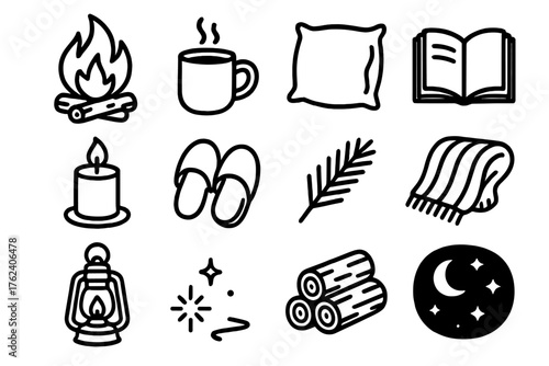 Fireside Evenings outline icon set: crackling fire, steaming mug, soft pillow, book, candle, warm slippers, pine sprig, cozy blanket, lantern glow, ember spark, log stack, night