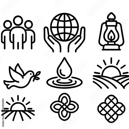 Stewardship outline icon set: group of people, globe with hands, droplet ripple, lantern, field rows, sunrise, dove, woven knot.