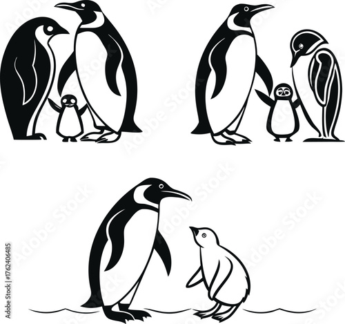 Three black and white illustrations of penguin families with parents and baby chicks.
