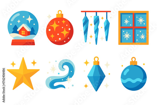 Winter Decorations Snowy Sparkle flat icons: snow globe, glitter bauble, icicle string lights, frosted window, sparkling star, snowdrift swirl, crystal drop, glass ornament.