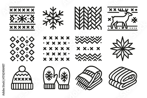Winter Textiles – Nordic Patterns outline icon set: fair isle design, snowflake motif, geometric weave, red-and-white knit, reindeer pattern, diamond stitch, cross pattern, knitted