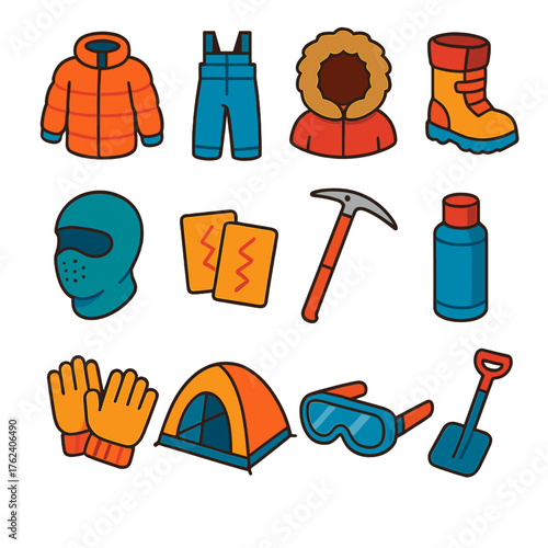 Insulated Gear Arctic Expedition flat isometric set: down jacket, snow pants, fur-lined hood, thermal boots, face mask, hand warmers, ice axe, insulated flask, wool gloves, tent,