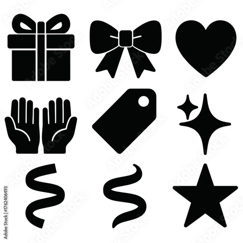 Gift Giving silhouette set: wrapped box, bow, tag, heart, open hands, ribbon swirl, sparkle, star.