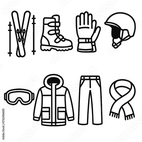 Ski Gear Ready outline icon set: ski set, snow boots, insulated gloves, helmet, ski goggles, parka, ski pants, scarf.