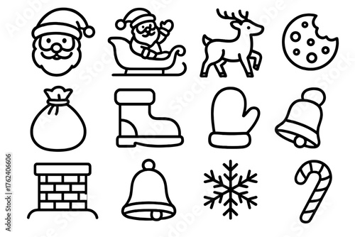Christmas Santa outline icon set: Santa face, red hat, sleigh ride, reindeer, gift sack, boots, mitten, cookie, chimney, bell, snowflake, candy cane.