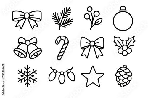 Christmas Garland outline icon set: festive ribbon, pine sprig, red berries, ornaments, golden bells, candy cane, bow, holly leaves, snowflake, lights, star, pinecone.