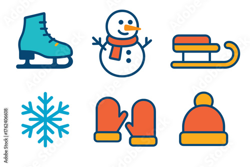 Frozen Fun flat icons: ice skates, snowman, sled, snowflake, mittens, hat.