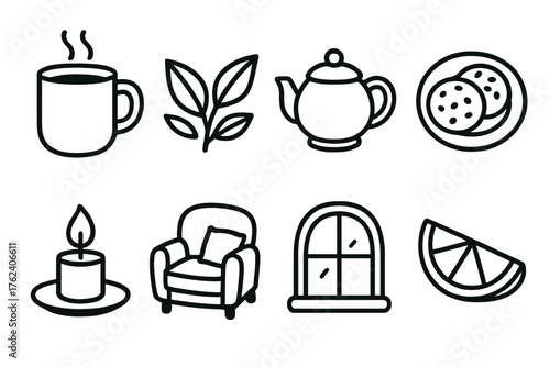 Tea Time Comfort outline icon set: warm mug, tea leaves, small teapot, cookie plate, candle flame, cozy nook, lemon wedge, peaceful light.