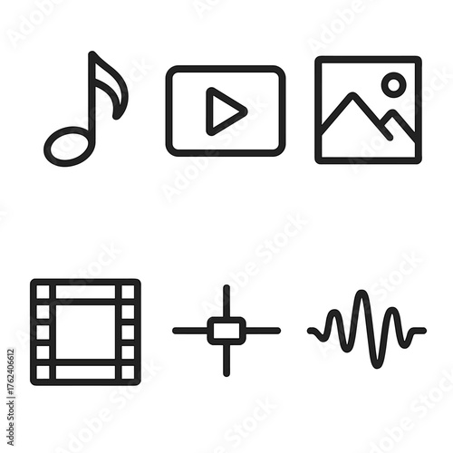 Media download outline icon set: music note, video play, photo frame, film strip, slider, waveform.