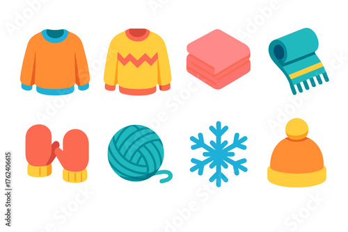 Wool Sweaters — modern flat icons flat isometric set: colorful jumper, zigzag pattern, folded knitwear, scarf bundle, mittens, wool ball, snowflake motif, winter hat.