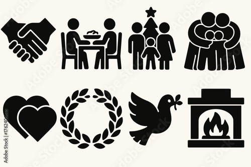 Christmas Unity silhouette set: holding hands, shared meal, family by tree, group hug, joined hearts, wreath circle, peace dove, warm fireplace.