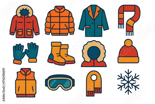 Winter Outerwear Cozy Expedition Style flat icons: parka, puffer jacket, wool coat, scarf, gloves, boots, fur hood, beanie, thermal vest, snow goggles, muffler, snowflake.