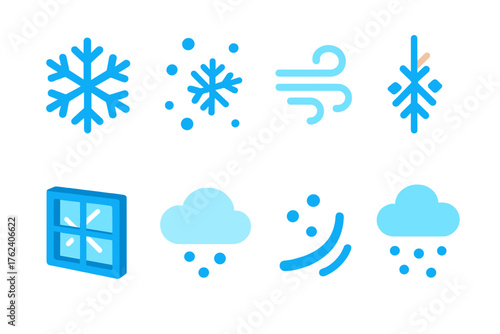 Snowfall Variations Gentle Flurry flat isometric set: small snowflake, drifting dots, soft breeze line, falling crystal, frosted window, light cloud, snow trail, calm sky.