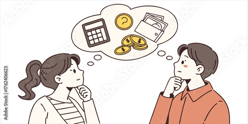 A young couple thoughtfully planning their budget and finances together, illustrated with money icons in a thought bubble.