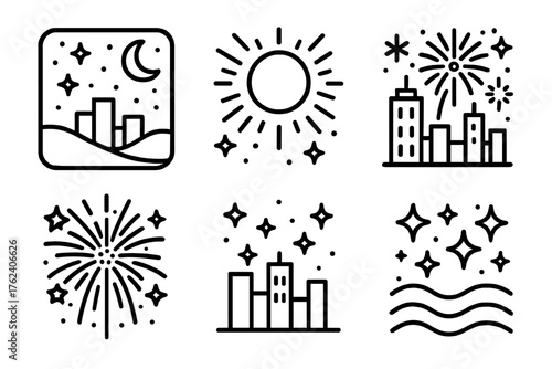 New Year’s Eve Energy outline icon set: night sky, shining moon, city skyline, fireworks, sparkles, celebration wave.